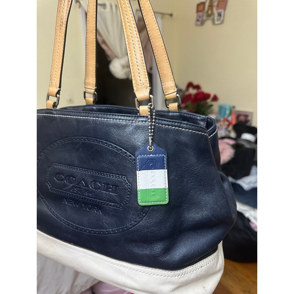 Coach New York Leather Womens Purse Handbag Blue White Satchel Handle Bag - Picture 11 of 16